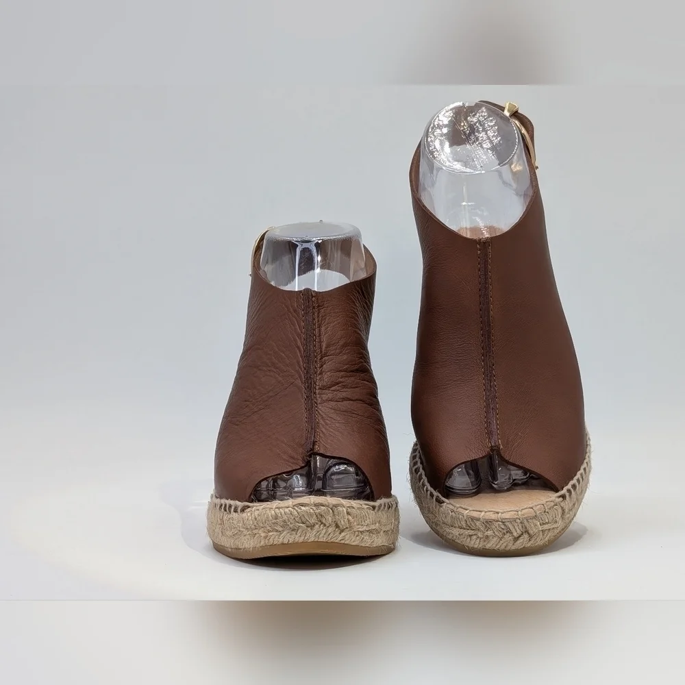 Kanna Peep Toe Spain Slingback Brown Leather Espadrille Wedge Sandals Size‎ 6.5